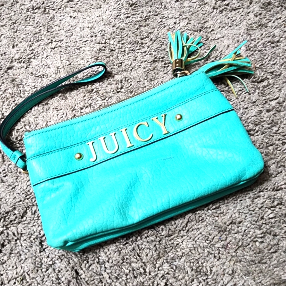 JUICY COUTURE Taupe Bronze Leather Mini Wristlet Clutch Bag Wallet Pouch